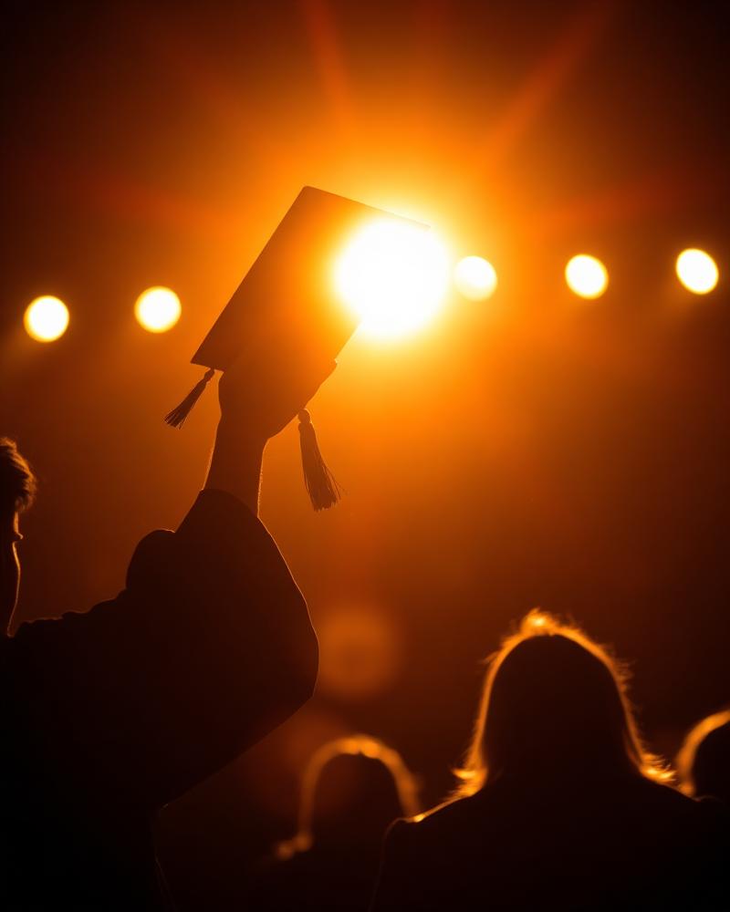Graduation cap raised in golden light