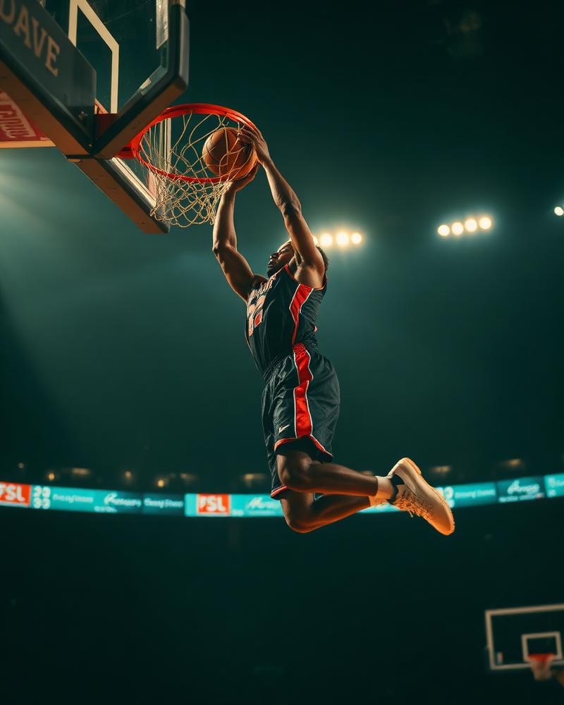 Basketball player mid-dunk in stadium lights